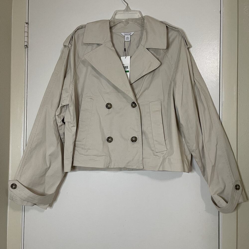 NEW! Calvin Klein Cotton cropped trench coat jacket beige sandshell large $169